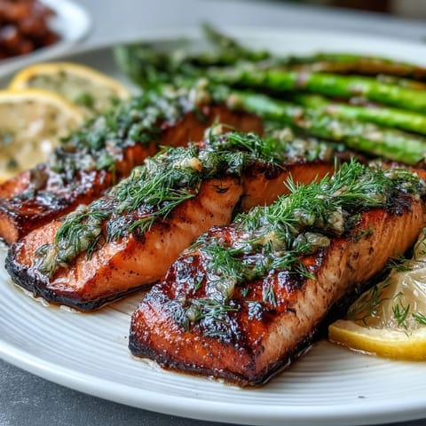 Golden-baked Marry Me Salmon fillets glistening with garlic oil and fresh dill, served alongside roasted asparagus on a rustic plate.