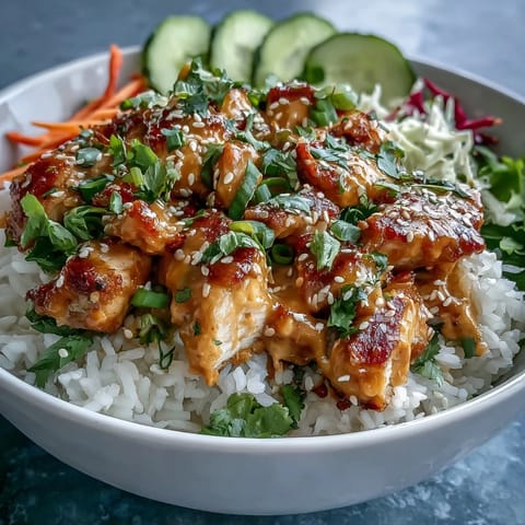 Vivid overhead shot of a Bang Bang Chicken Bowl featuring golden chicken, colorful shredded cabbage, and fresh herbs for garnish. 