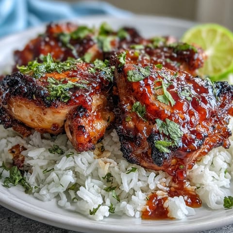 Golden-brown Spicy Maple Chicken glazed with a sticky sauce sits atop fluffy coconut rice, garnished with fresh cilantro and lime.