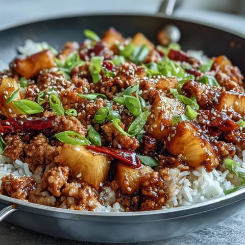 A close-up of the Sweet-and-Sour Turkey Rice Skillet highlights fluffy rice and a glossy Korean-inspired sauce.