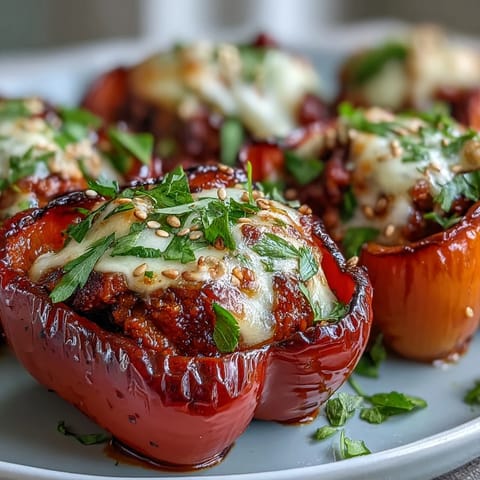 Golden melted mozzarella blankets Korean-Style Turkey Stuffed Sweet Peppers with a savory filling of ground turkey, gochujang, and fresh green onions, resting on a parchment-lined baking sheet.