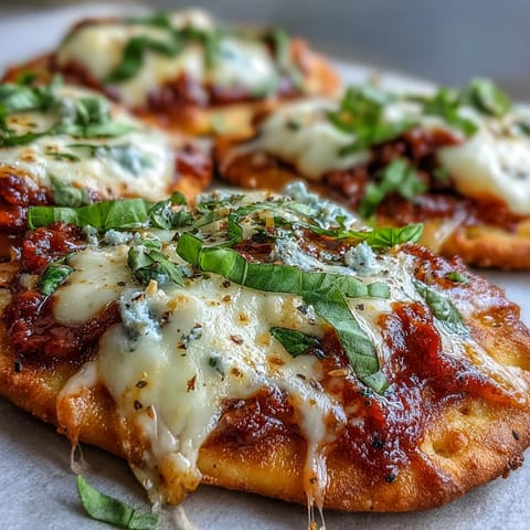 Golden Garlic Naan Margherita Pizzas with melted mozzarella and fresh basil on a rustic cutting board.