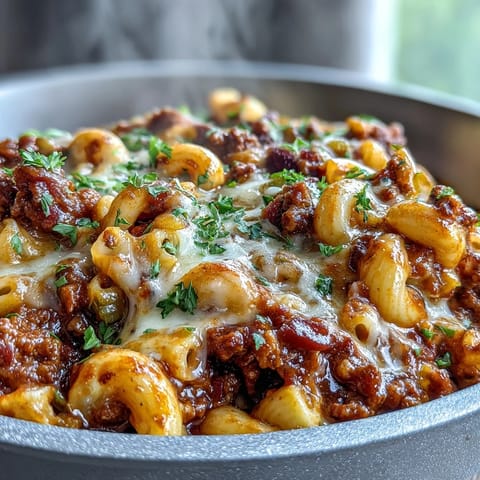 Cheesy One-Pan Cheeseburger Chili Mac steaming in a skillet with melted cheddar and chopped pickles.