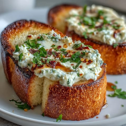 Golden-baked Hot Honey Ricotta Garlic Bread topped with creamy ricotta spread, fresh parsley, and a sticky red pepper honey drizzle.