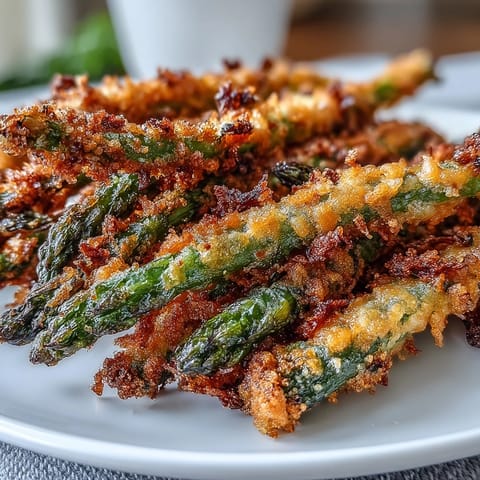 Golden-crisp Crispy Chili-Garlic Asparagus Fries are arranged on a plate next to a small bowl of creamy sriracha mayo dip for dipping.