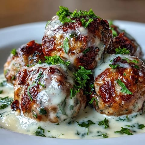 Golden-baked Creamy Garlic Ranch Turkey Meatballs simmer in a luscious, garlicky cream sauce inside a skillet.