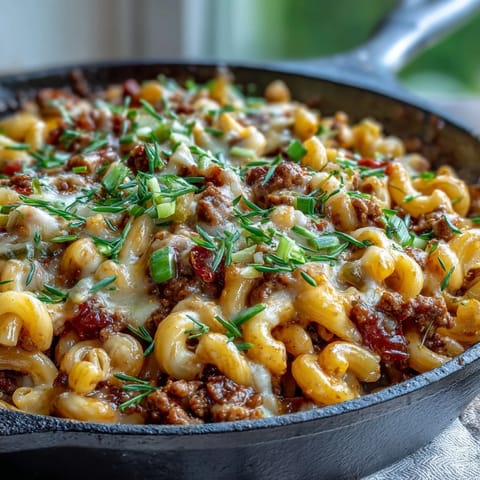 Spoon lifting a creamy portion of One-Pan Cheeseburger Chili Mac, revealing tender elbow macaroni, ground beef, and diced tomatoes.