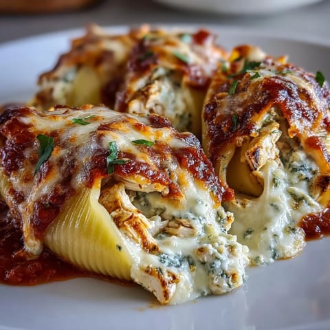 Golden, bubbly mozzarella tops baked Pesto Chicken Stuffed Shells filled with creamy Greek yogurt and shredded chicken.
