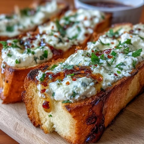 Spicy-sweet hot honey drizzled over warm Hot Honey Ricotta Garlic Bread slices ready to serve.