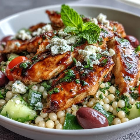 This vibrant Mediterranean Pearl Couscous Chicken Bowl features tender grilled chicken over a fresh, herby salad with crumbled feta and Kalamata olives.