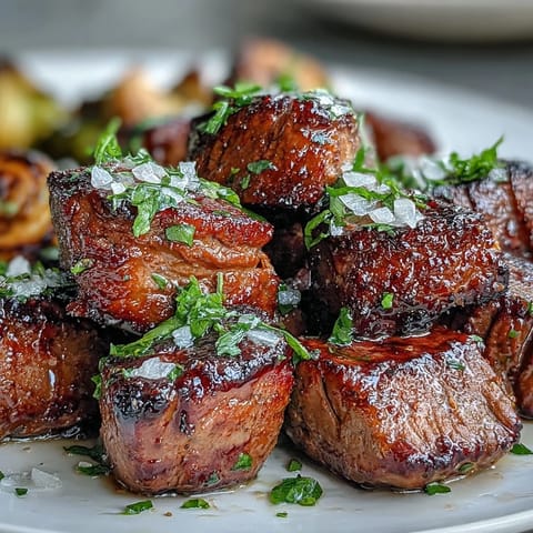 A skillet of sizzling Keto Lemon Garlic Butter Steak Bites, topped with fresh parsley, beside charred Brussels sprouts. 