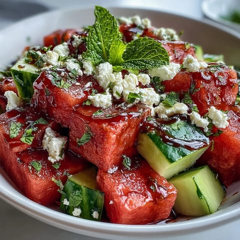 A close-up view of watermelon feta cucumber salad with balsamic glaze drizzled over crumbled cheese on a platter.