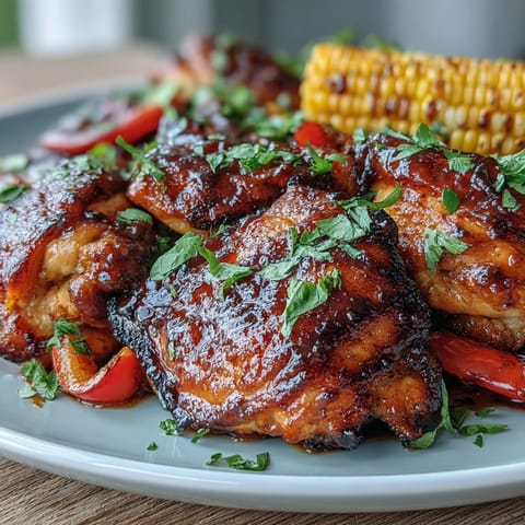 Juicy, bone-in chicken thighs with crispy skin sit beside caramelized red onion wedges and bright yellow corn, all cooked on a single parchment-lined sheet pan.