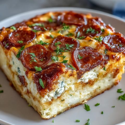 A close-up of the High-Protein Pizza Breakfast Casserole with golden, bubbly cheese and turkey pepperoni on a fluffy egg base.