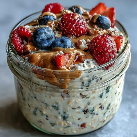Wholesome overnight oats layered with fresh berries and almond butter swirl, perfect for a nourishing breakfast.