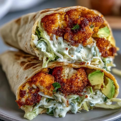 Crispy buffalo cauliflower florets coated in spicy vegan sauce, wrapped with creamy ranch slaw and avocado in a soft tortilla.  