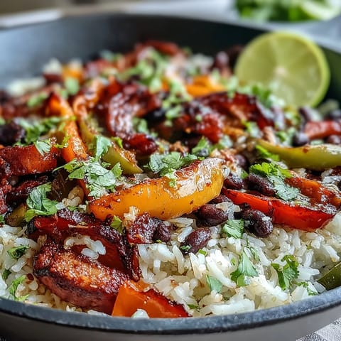 A colorful one-pan vegan fajita rice skillet loaded with peppers, black beans, and zesty spices for a hearty dinner.