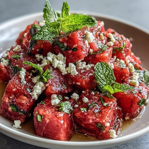 Refreshing summer salad featuring sweet watermelon, creamy feta, and aromatic mint, tossed in a light olive oil and lime dressing for a perfect BBQ side dish.