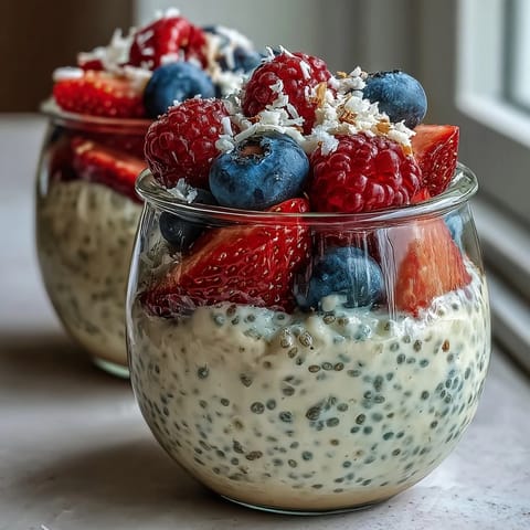 Vibrant Summer Berry Chia Pudding Meal Prep Cups with fresh strawberries, blueberries, and raspberries layered over creamy vanilla chia pudding.