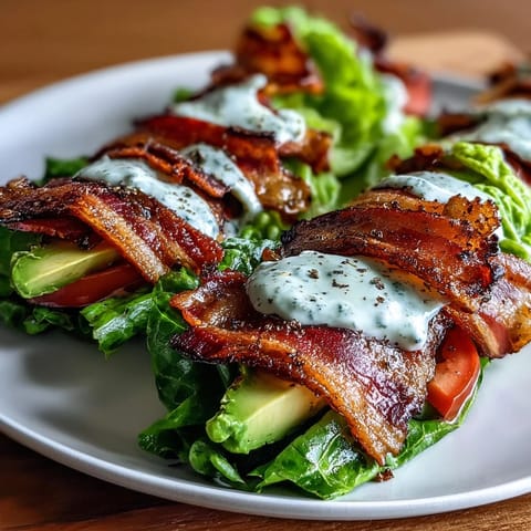Keto BLT Lettuce Wraps with Garlic Mayo and Cracked Pepper, stacked with crispy bacon, juicy tomatoes, and creamy avocado, served fresh and low-carb.  