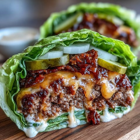 Juicy cheeseburger patties nestled in crisp lettuce leaves, topped with tangy pickles, red onion, and a creamy keto-friendly secret sauce.