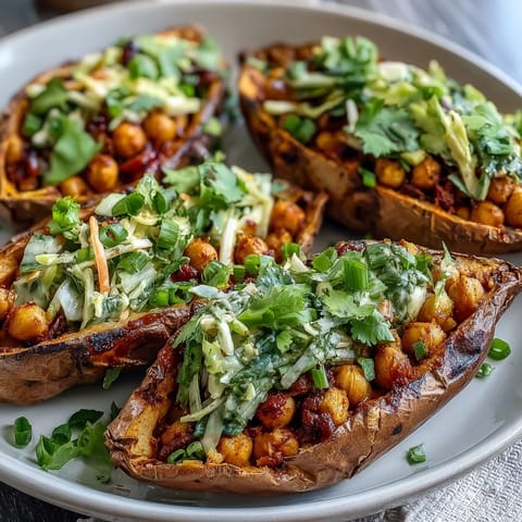 Golden roasted sweet potatoes filled with tender BBQ chickpeas and topped with vibrant red cabbage slaw for a colorful, wholesome meal.  