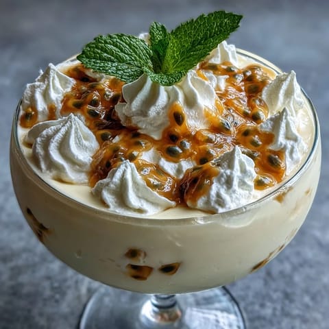 Smooth, tangy passionfruit mousse dessert topped with bright passionfruit seeds and mint leaves for a refreshing finish.