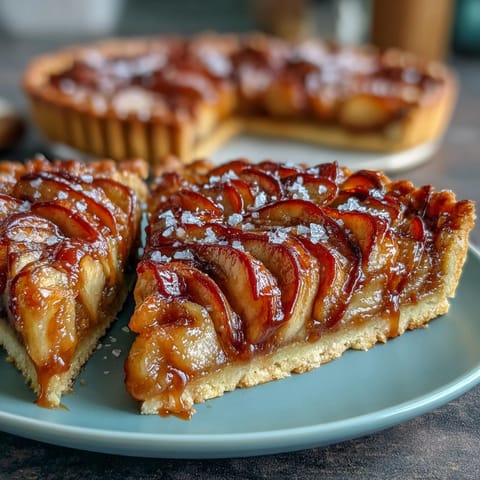 Golden salted caramel apple tart with buttery crust, spiced apples, and rich caramel drizzle, topped with flaky sea salt.