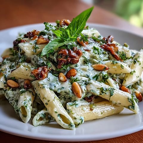 Creamy pesto pasta with cream cheese, fresh basil, and toasted pine nuts in a light, vibrant sauce.