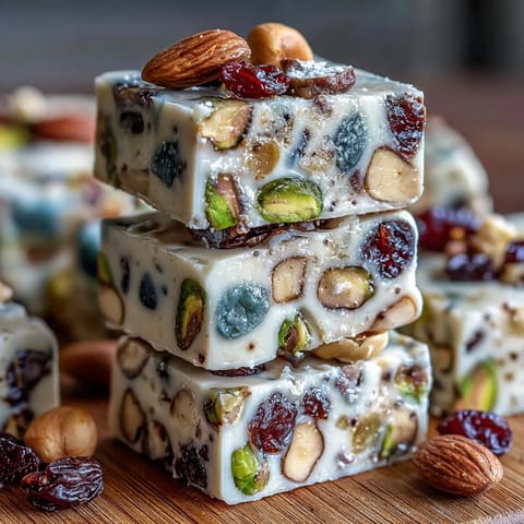 A stack of pistachio nougat candy squares showcasing chewy texture and vibrant dried fruits.  