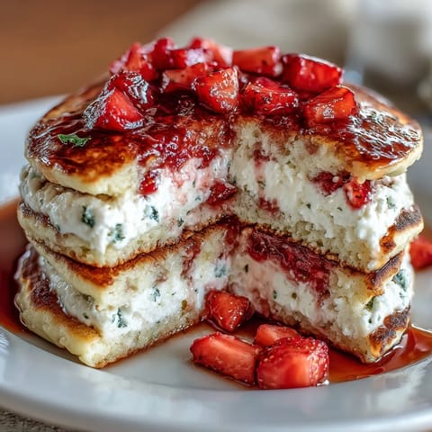 Wholesome cottage cheese strawberry protein pancakes topped with fresh berries and golden edges, perfect for a high-protein breakfast.  