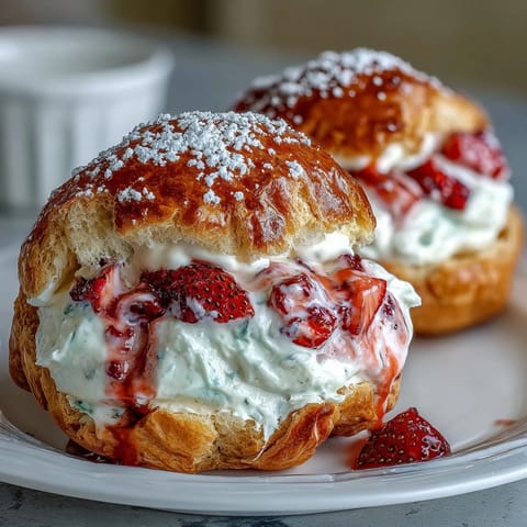 Valentine Strawberry Cream Puffs filled with fresh strawberry whipped cream and dusted with powdered sugar for a romantic dessert.