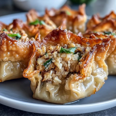 Golden-brown rice paper dumplings packed with umami-rich tofu, shiitake mushrooms, and shredded veggies, served hot.