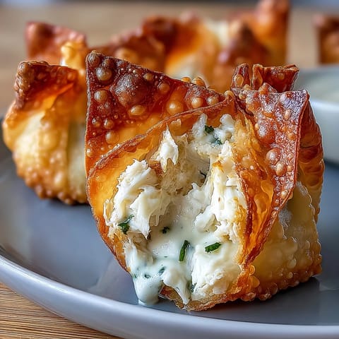 Crispy air-fried wontons filled with creamy crab and cream cheese, served hot with a sweet chili dipping sauce.  