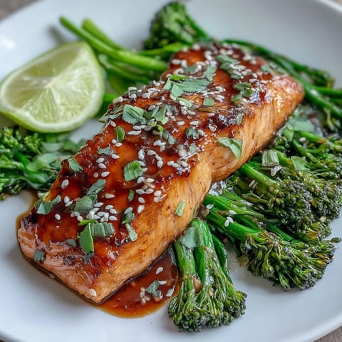 Succulent salmon glazed in a sweet-savory honey soy sauce, served with vibrant broccoli tossed in toasted sesame oil and seeds.