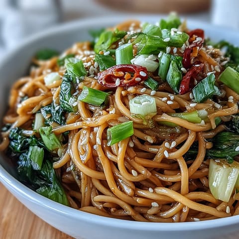 Aromatic Asian ginger scallion noodles with sautéed greens, topped with sesame seeds and chili for a vibrant, flavorful meal.