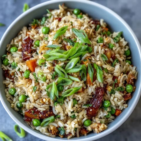 Colorful veggie-packed fried rice with spring peas and carrots, garnished with green onions for a fresh, healthy meal.  