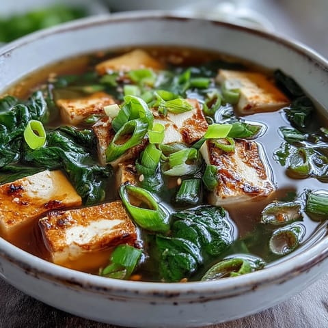 A comforting bowl of miso soup with silky tofu cubes, fresh spinach, and sliced green onions in a savory Japanese broth.