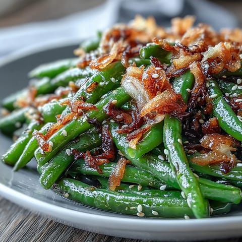 A vibrant platter of sesame garlic green beans topped with crispy fried onions for a savory side dish.