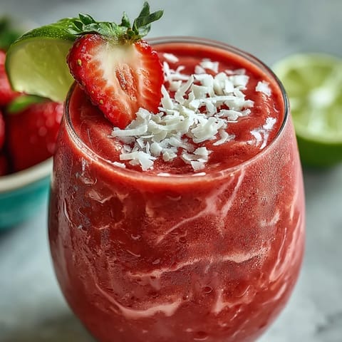 Vibrant strawberry coconut daiquiri smoothie with fresh strawberries and creamy coconut milk, garnished with lime and shredded coconut.
