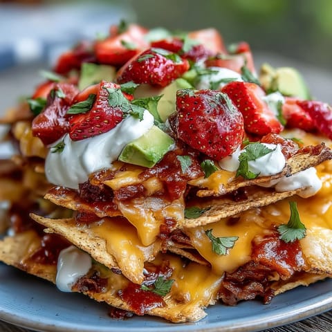 A vibrant Summer Party Nacho Board with strawberry salsa, loaded with melted cheese, black beans, and fresh toppings for a festive crowd-pleaser.