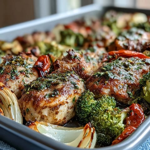 Healthy 5-Ingredient Sheet Pan Chicken and Veggies with tender chicken and colorful roasted vegetables on a parchment-lined pan.