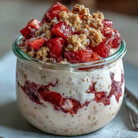 A creamy overnight oats jar layered with fresh strawberries and a graham cracker crumble topping.  