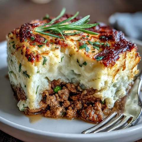 Golden Turkey Shepherds Pie with creamy cauliflower-potato mash and savory turkey filling baked to perfection.