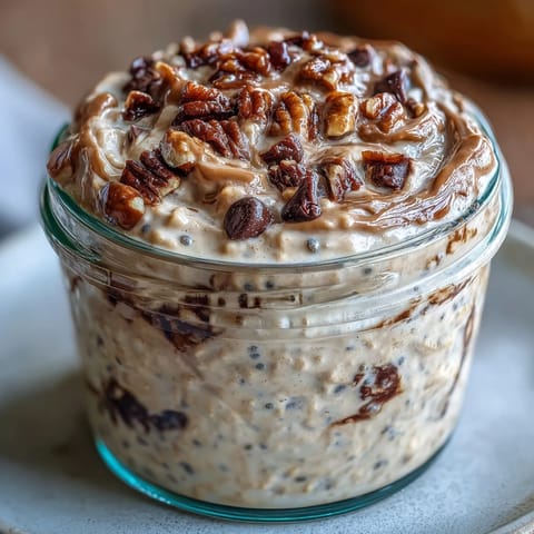 Creamy overnight oats with chocolate chips and almond butter, inspired by classic cookie dough, packed with protein for a nutritious breakfast.