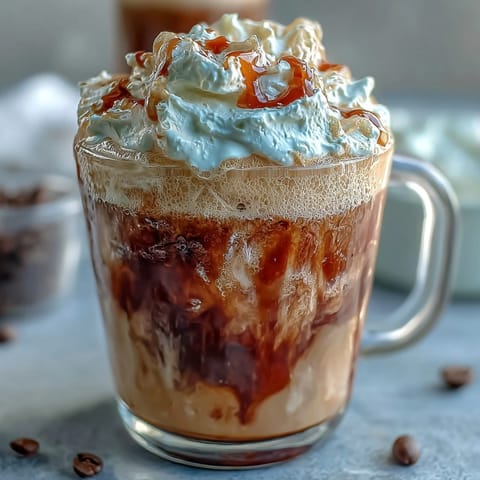 A creamy vanilla bean frappuccino protein shake in a tall glass, topped with light whipped cream and vanilla bean specks.