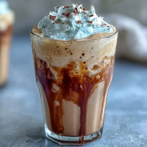 Two frosty glasses of vanilla bean frappuccino protein shake, garnished with whipped cream and a sprinkle of vanilla bean seeds.