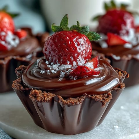 Decadent Dubai chocolate cups filled with fresh strawberries and cream, topped with crunchy Lotus Biscoff crumble for a Middle Eastern-European fusion dessert.