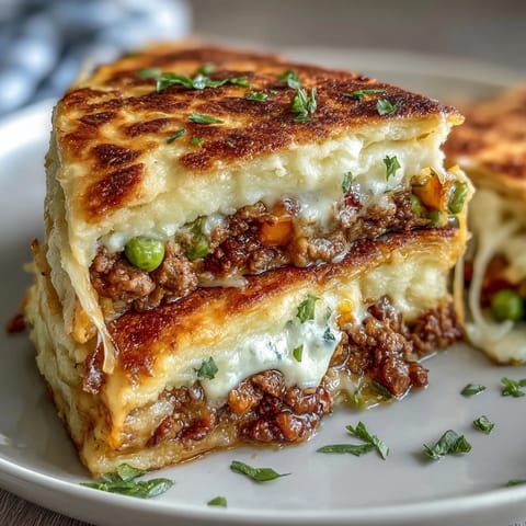 Golden-brown quesadilla packed with hearty ground beef, peas, carrots, and rich mashed potatoes.