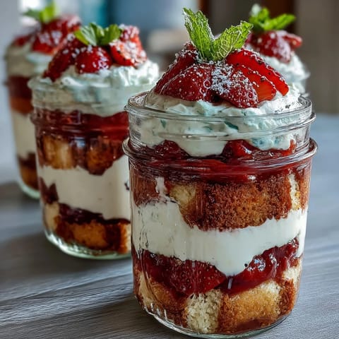 Layered strawberry shortcake dessert in mason jars, featuring tender shortcake, ripe strawberries, and sweet whipped cream.